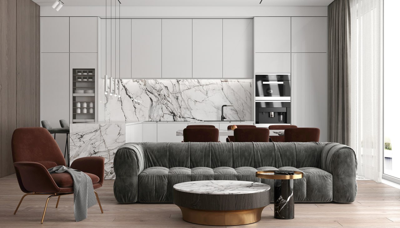 Luxury kitchen with marble backsplash — Miami premium properties